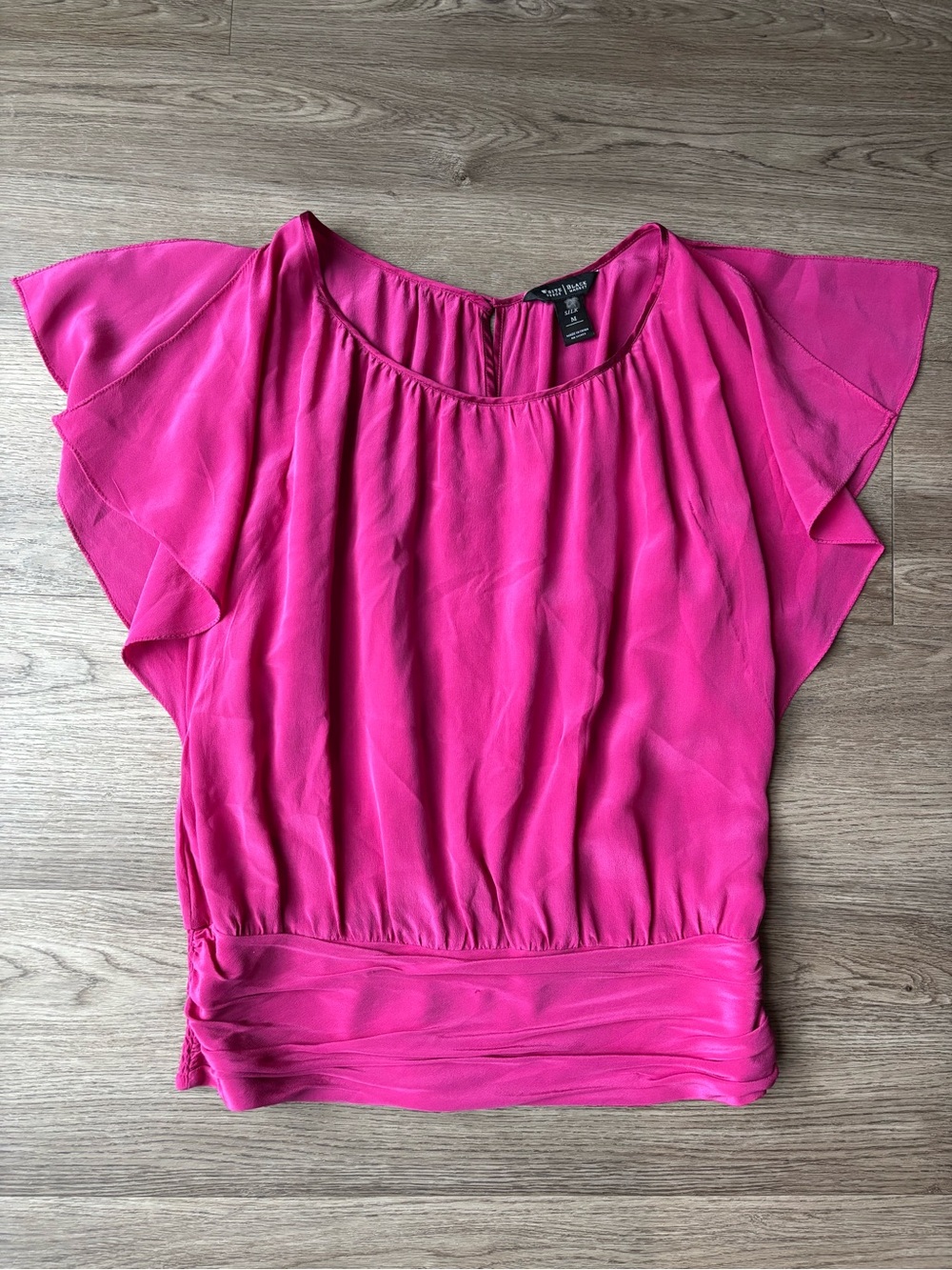White House Black Market Bright Pink Silk Flutter Sleeve Top with Ruched Waist